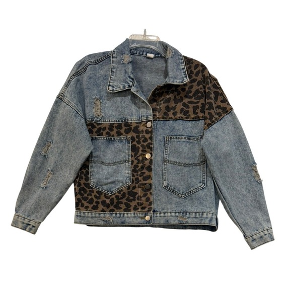 Jackets & Blazers - Acid Wash Leopard Print Distressed Oversized Denim Jacket Blue Brown Womens S